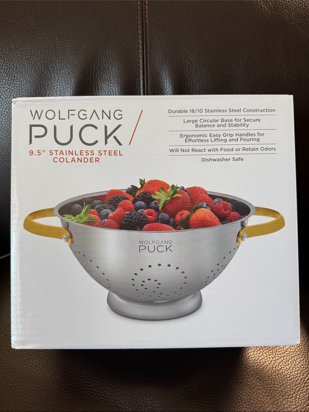 Wolfgang Puck 9.5" Stainless Steel Colander with Gold Handles NIB